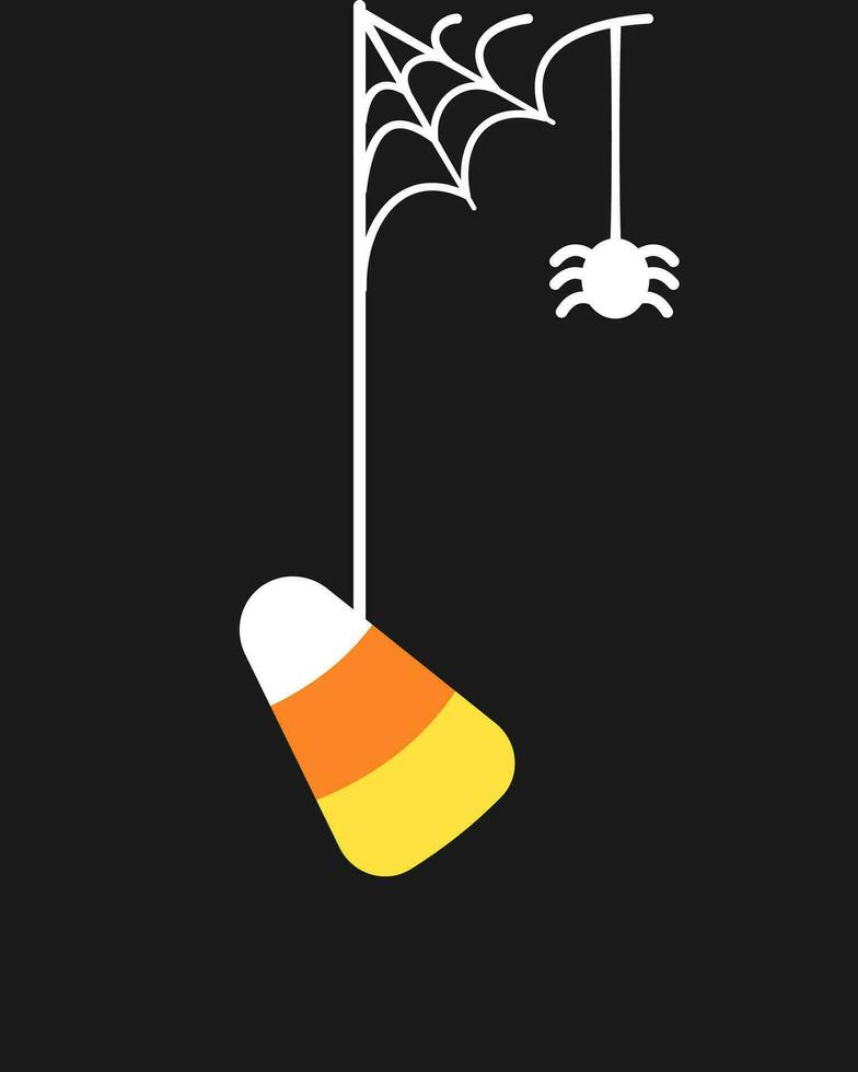 caramelo maíz colgando en un araña web, contento Víspera de Todos los Santos truco o tratar escalofriante adornos decoración vector ilustración