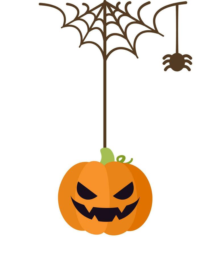 Jack O Lantern Evil Pumpkin Hanging on a Spider Web, Happy Halloween Spooky Ornaments Decoration Vector illustration