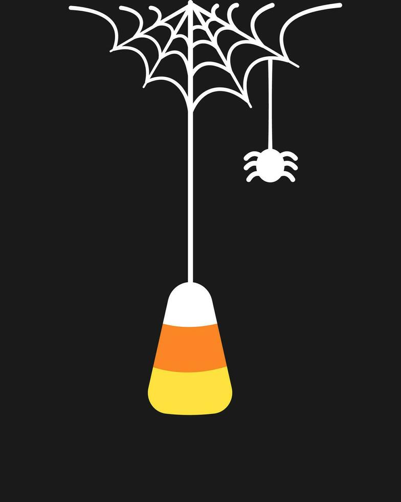 Candy Corn Hanging on a Spider Web, Happy Halloween Trick or Treat Spooky Ornaments Decoration Vector illustration