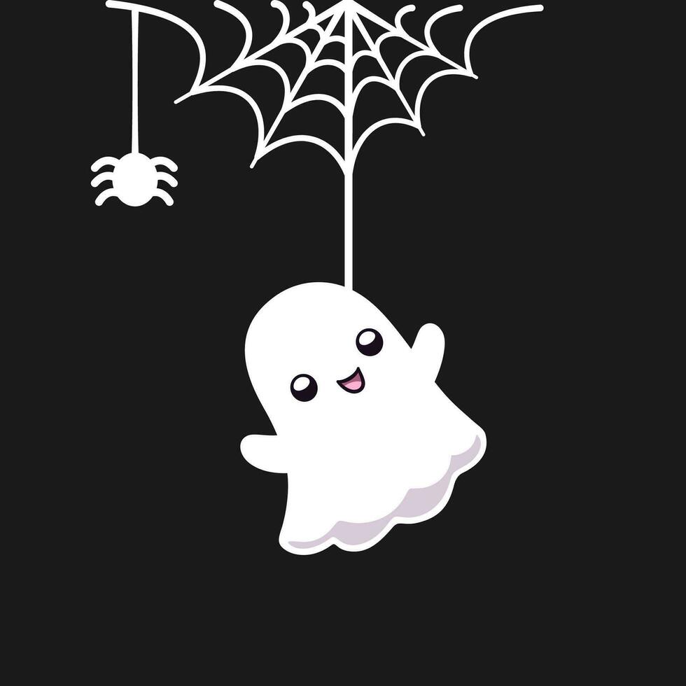 Cute Ghost Hanging on a Spider Web Cartoon, Happy Halloween Spooky Ornaments Decoration Vector illustration