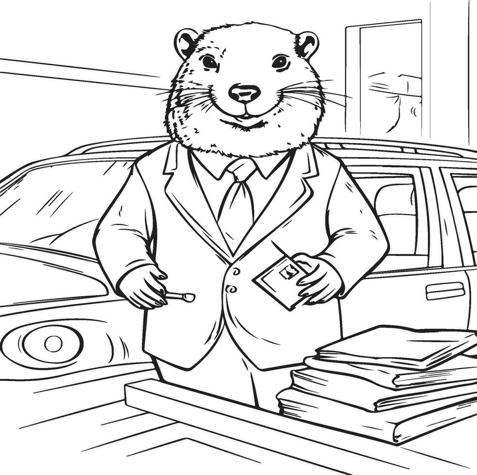 a beaver working as a salesman at a car coloring page vector