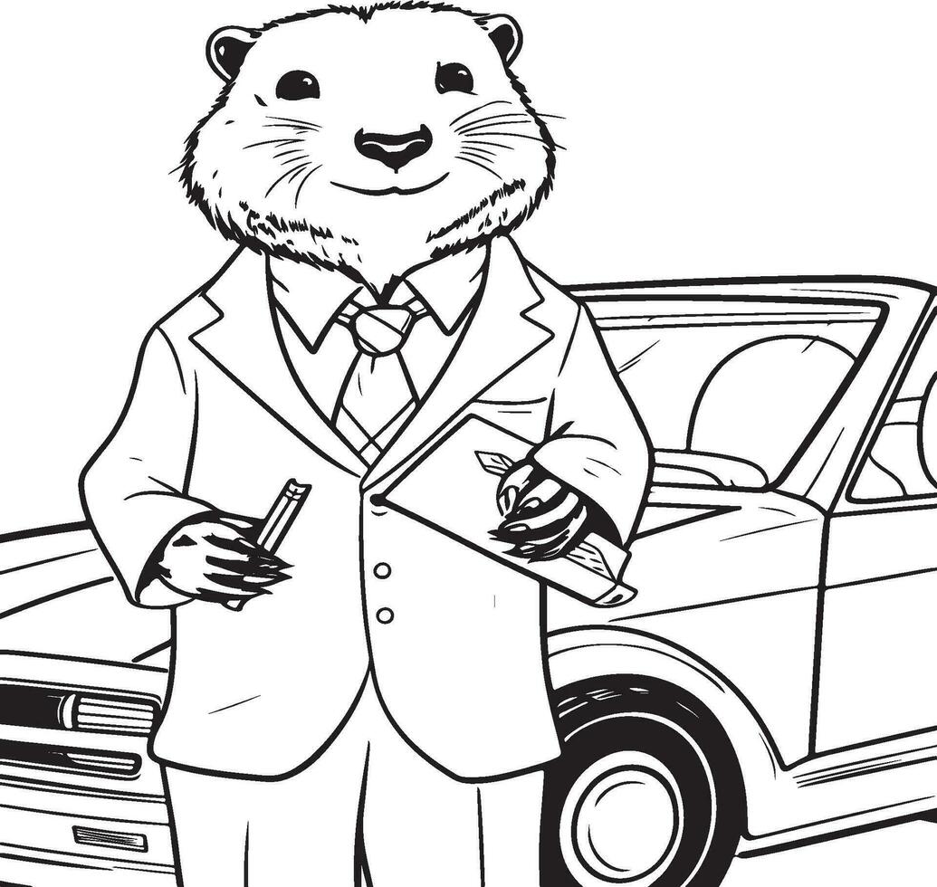 a beaver working as a salesman at a car coloring page vector