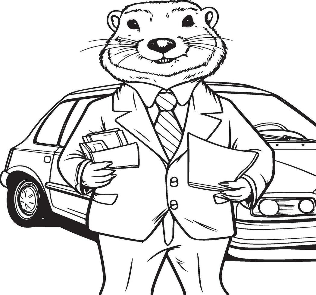 a beaver working as a salesman at a car coloring page vector