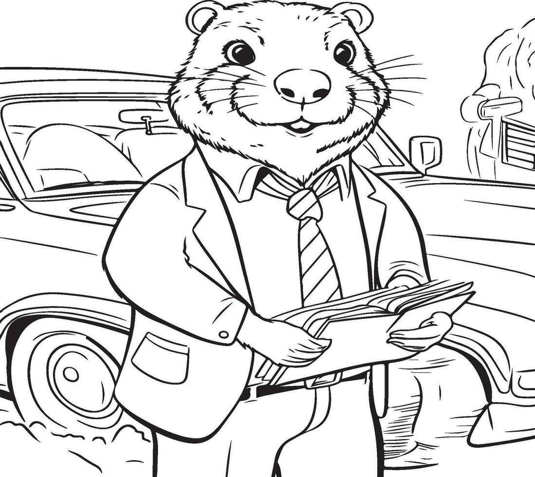 a beaver working as a salesman at a car coloring page vector