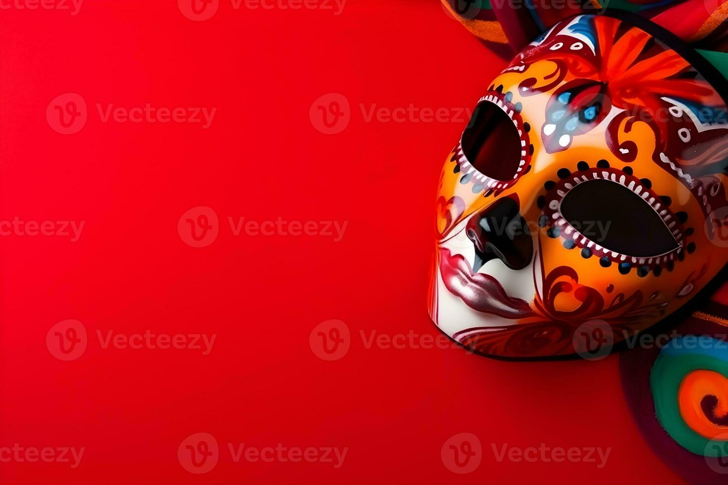 Beautiful carnival mask with feathers on red background with copyspace photo