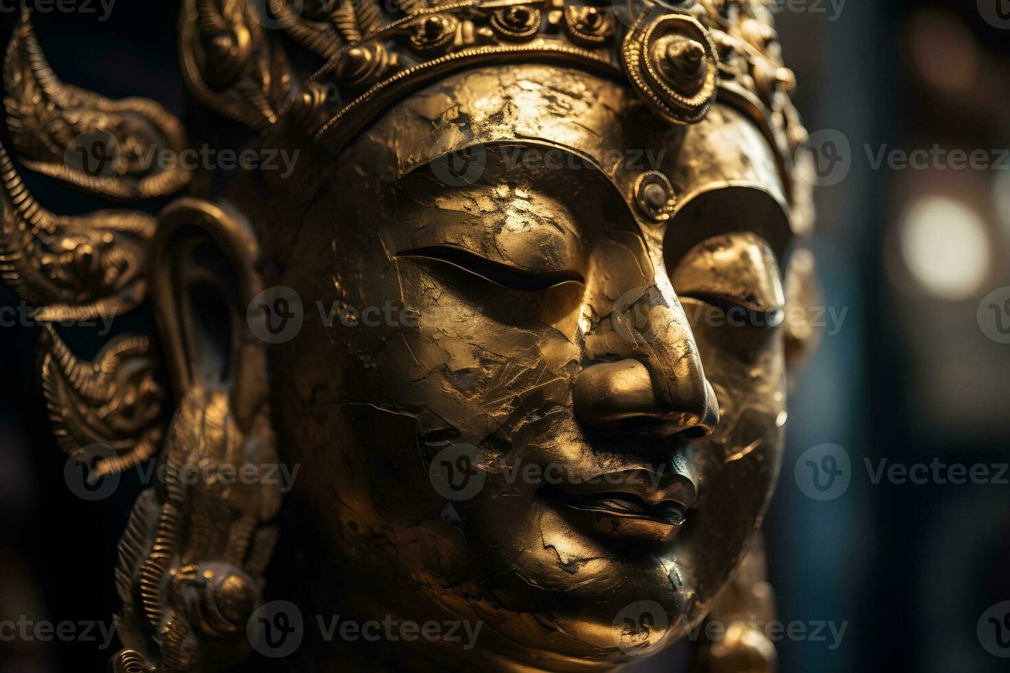 Close up of a golden statue of a buddha in temple photo