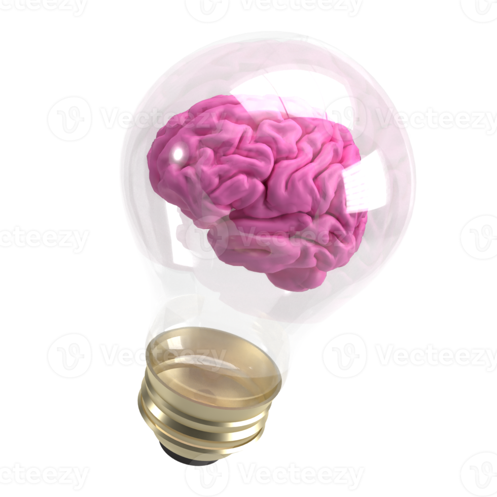 The brain in light bulb for creative or sci concept 3d rendering png