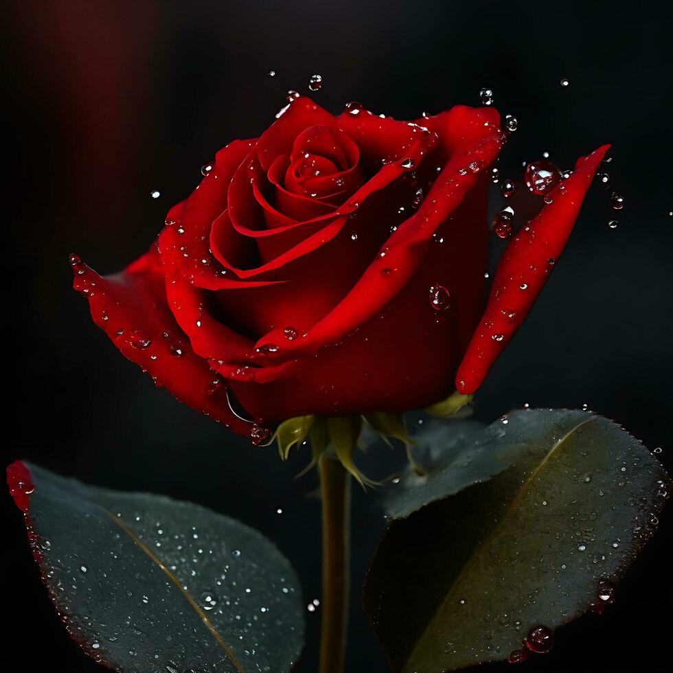A Red Rose Flower With Water Drop In Dark Theme Generative Ai photo