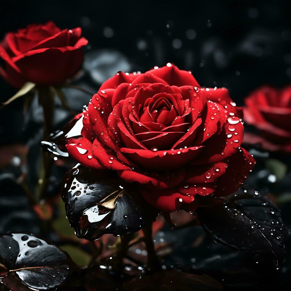 un rojo Rosa flor con agua soltar en oscuro tema generativo ai foto