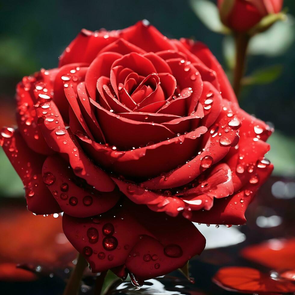 A Red Rose Flower With Water Drop In Dark Theme Generative Ai photo