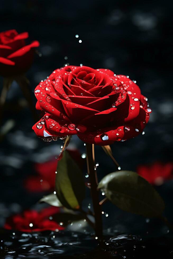 un rojo Rosa flor con agua soltar en oscuro tema generativo ai foto