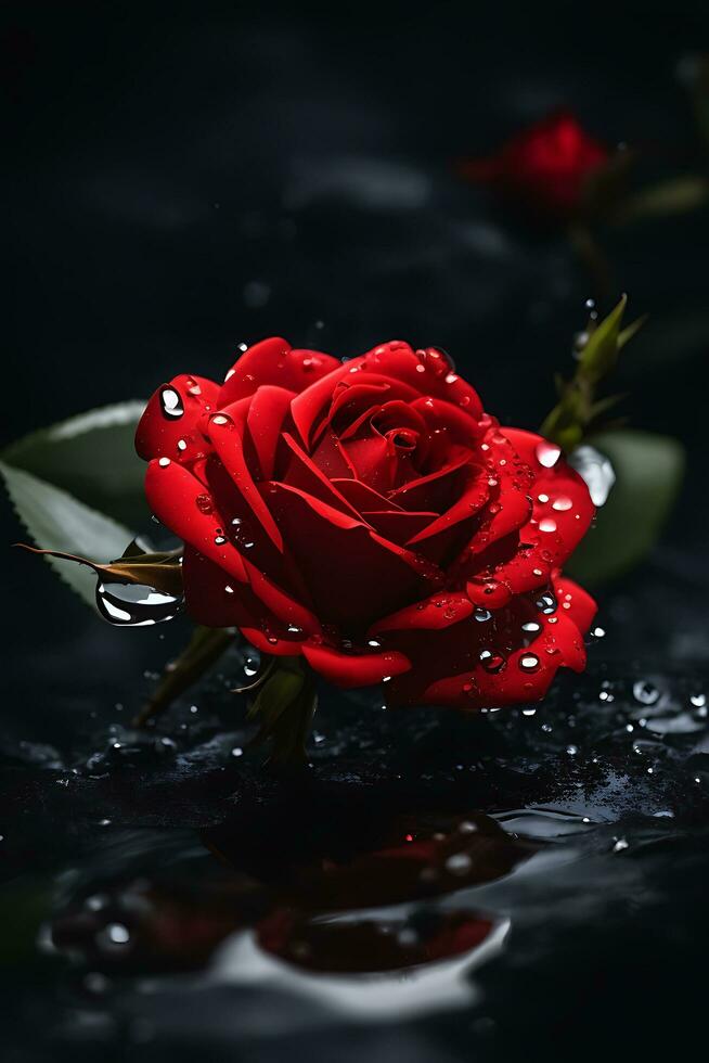 A Red Rose Flower With Water Drop In Dark Theme Generative Ai photo