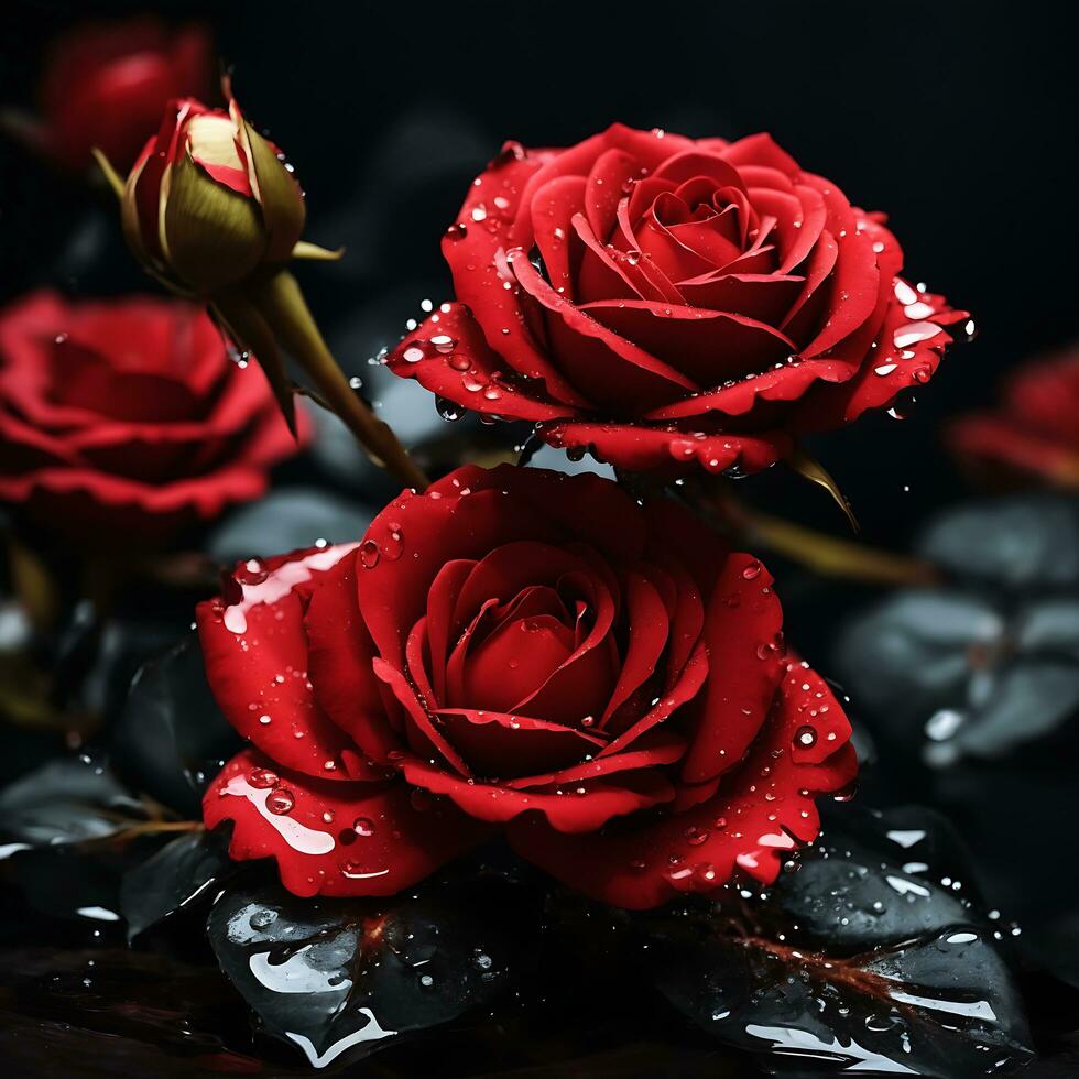 A Red Rose Flower With Water Drop In Dark Theme Generative Ai photo