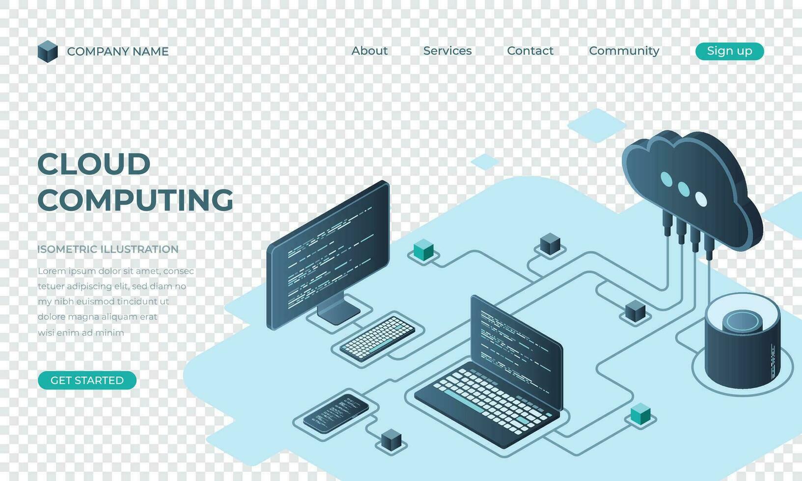 Cloud computing isometric landing page. Cloud storage server. Cloud computing online database technology. Vector illustration