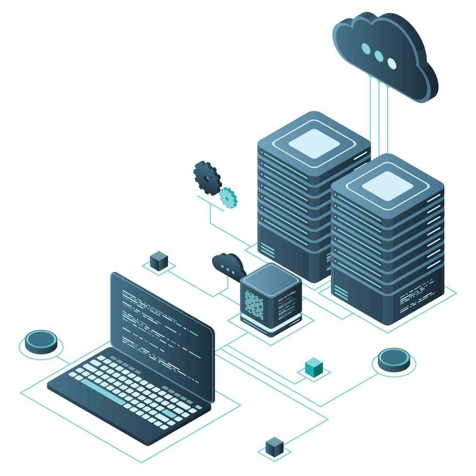 Computer technology isometric illustration. Computation of big data center. Cloud computing. Online devices upload and download information. Modern 3d isometric vector illustration