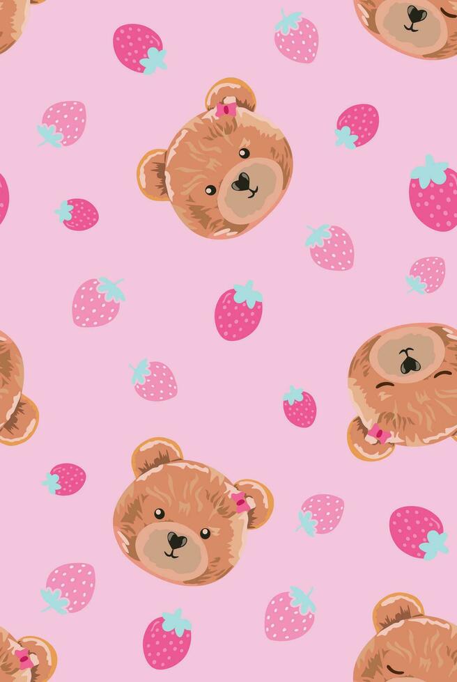 Delicate and beautiful illustration of bears in a childish style with randomly scattered strawberries. Art for printing on fabrics, wallpapers and decoration. vector