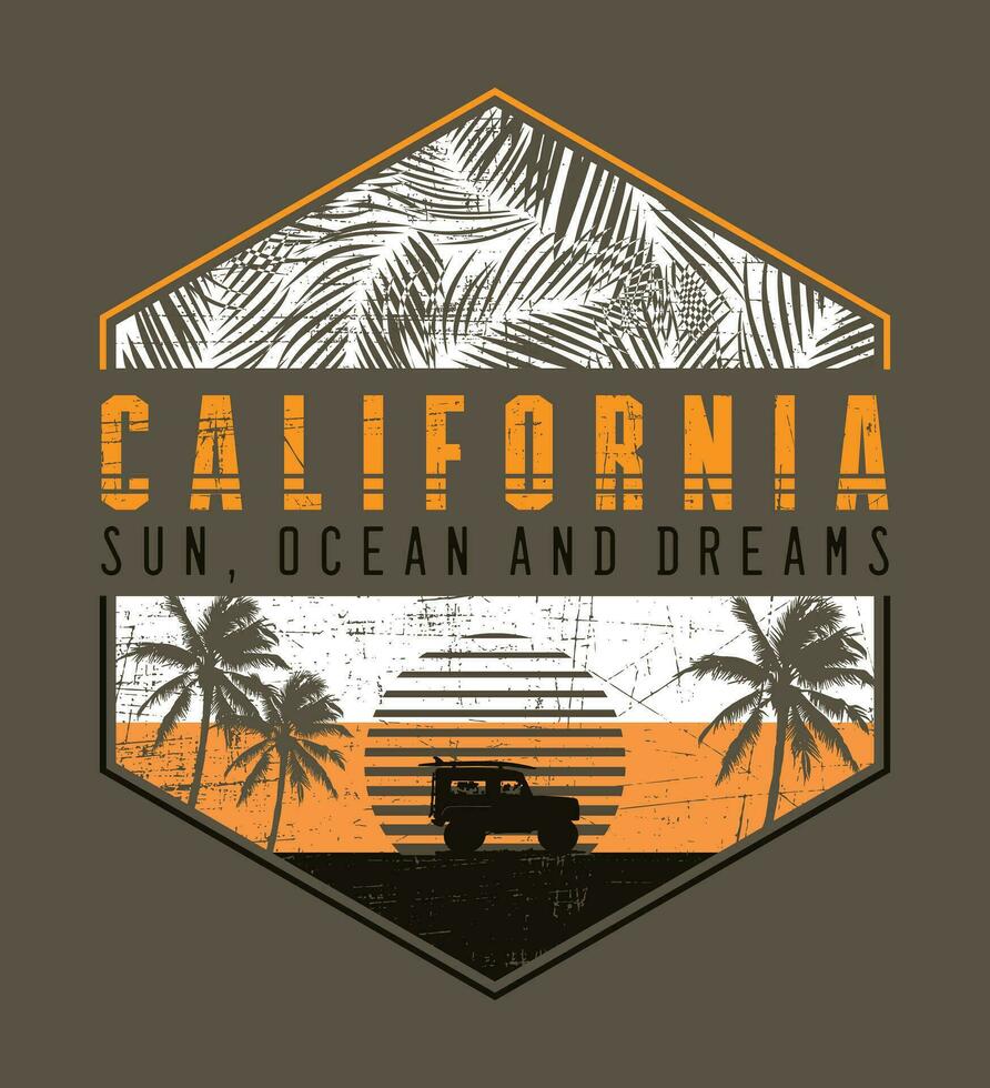 Colorful vector illustration of emblem with lettering and elements related to summer, surfing and California. Editable art for prints on t-shirts, posters, stickers and etc.