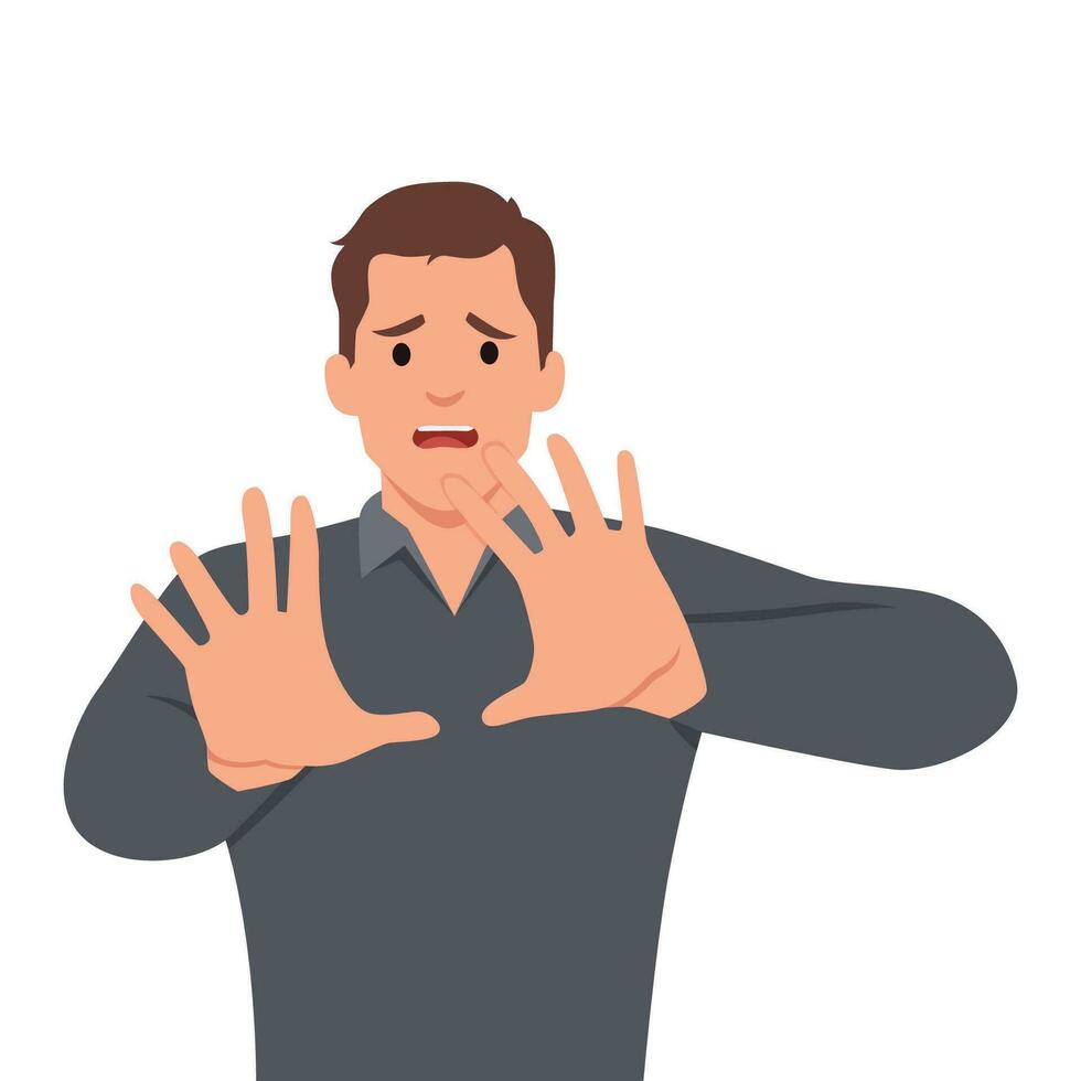 Young business man shocked, afraid, scared, and terrified with fear expression while opened mouth, stop gesture with palm hands. vector