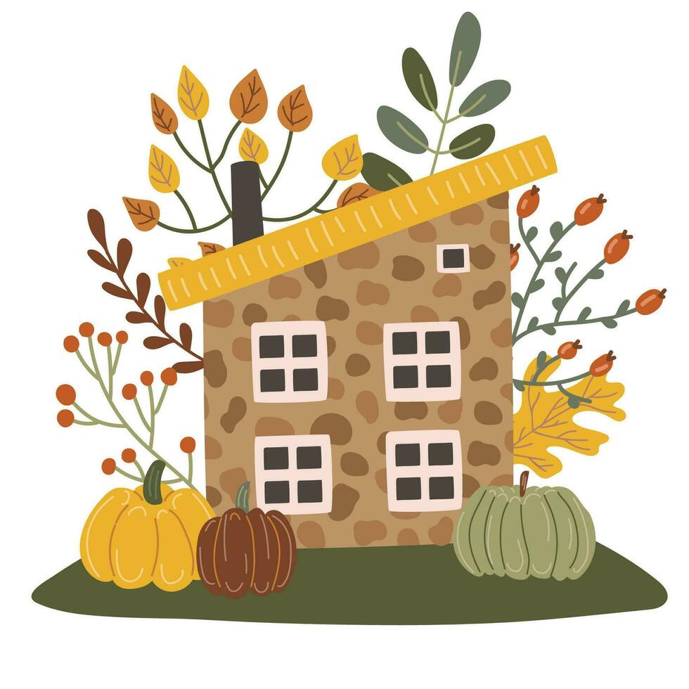 House with trees. Autumn season. Vector illustration in flat cartoon style.