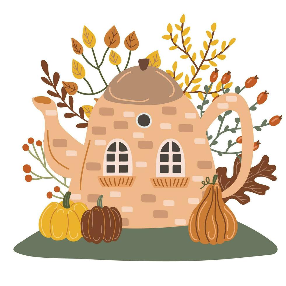 Teapot house with trees. Autumn season. Vector illustration in flat cartoon style.