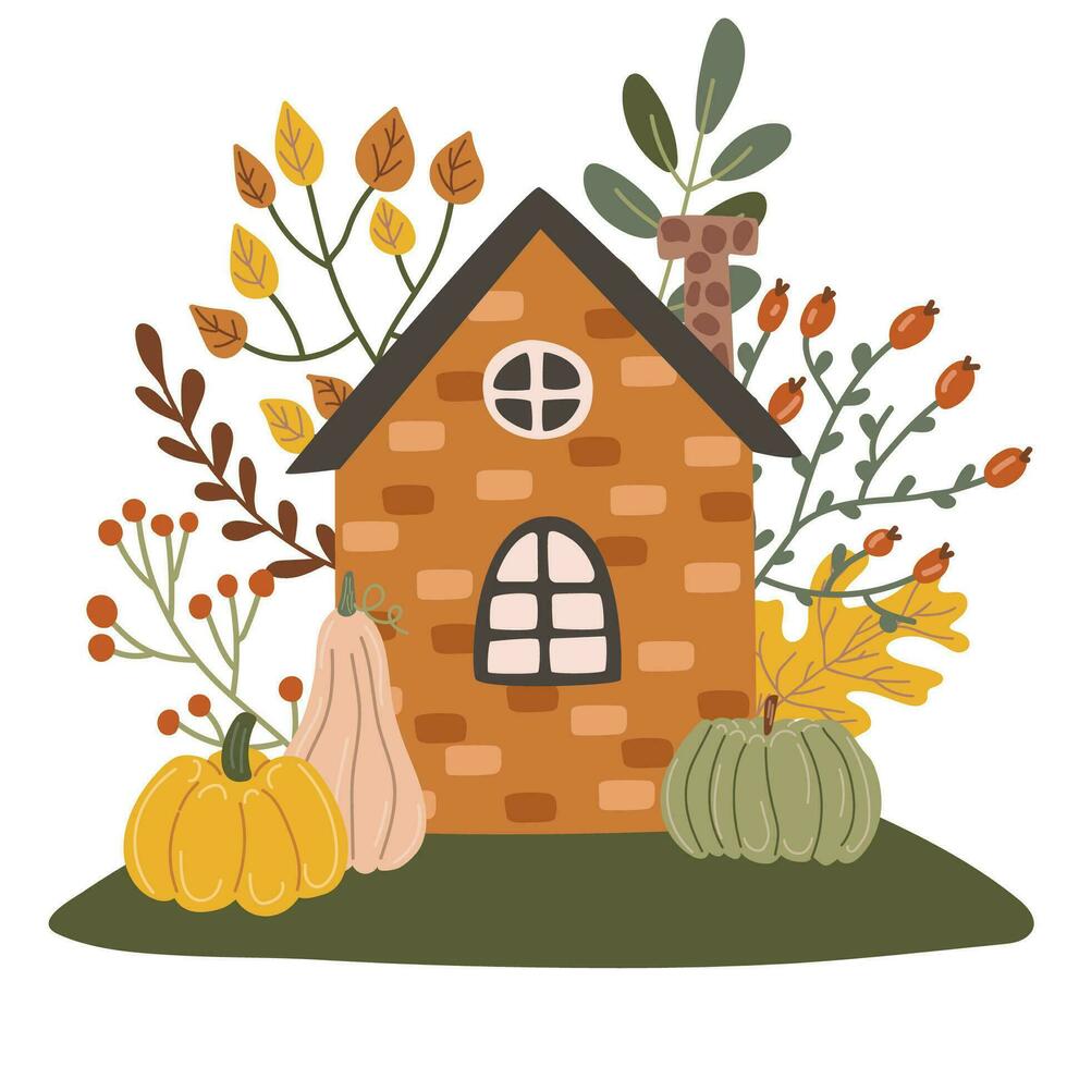 House with trees. Autumn season. Vector illustration in flat cartoon style.