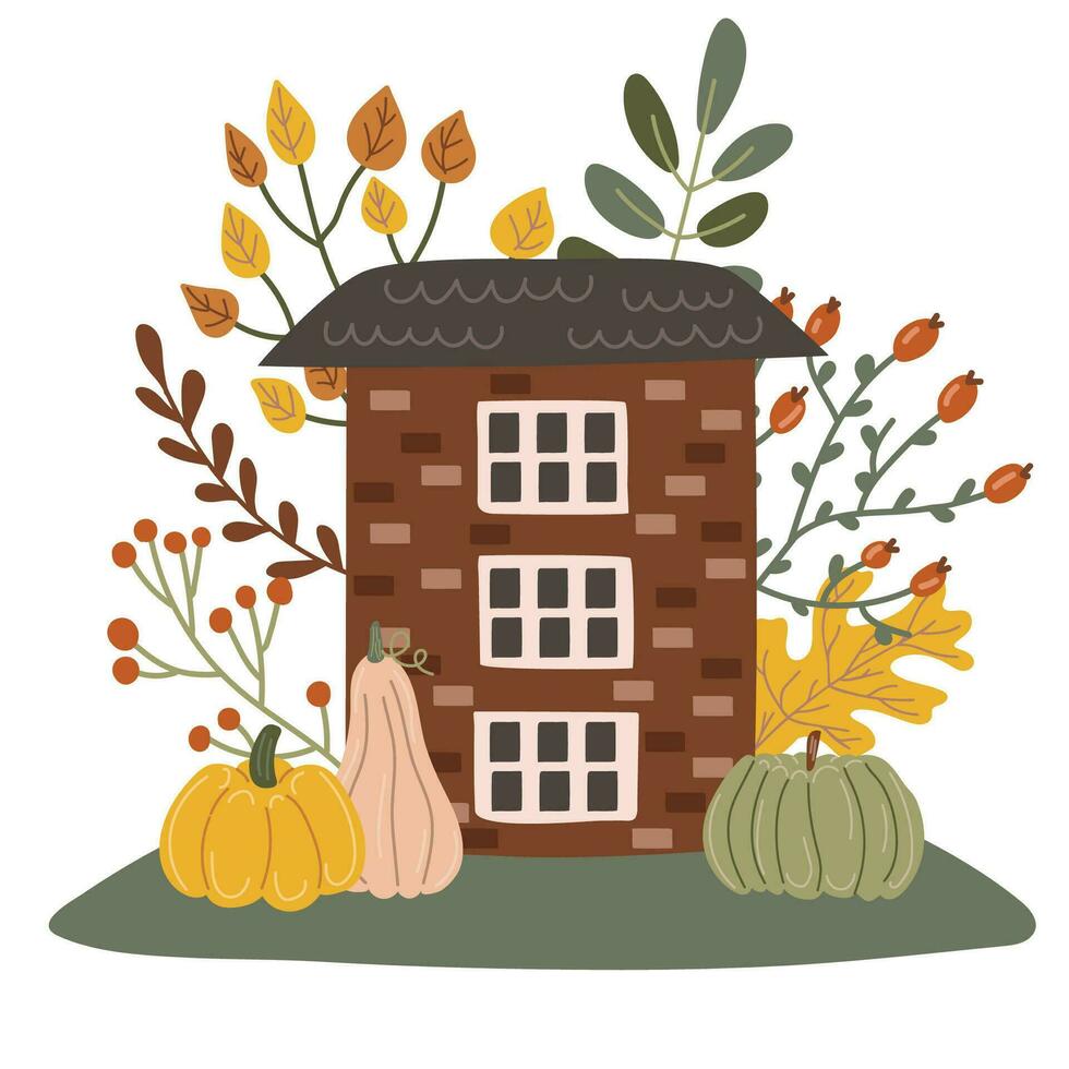 casa con arboles otoño estación. vector ilustración en plano dibujos animados estilo.