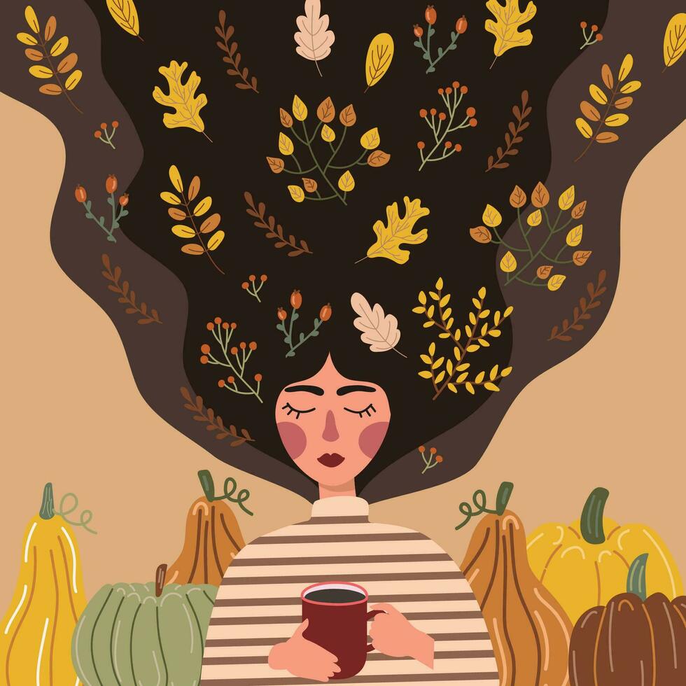 A woman with long hair is holding coffee. Background from leaves and pumpkins. Autumn season. Vector illustration in flat cartoon style.