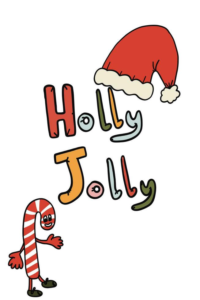 Holly Jolly vibes card Christmas candy and hat vector
