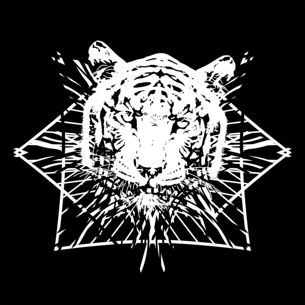 Tiger head t-shirt design along with abstract decoration. Vector illustration to remember endangered animals.