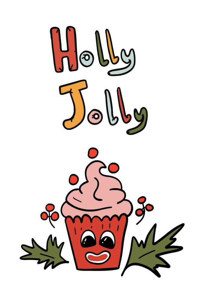 Holly Jolly groovy set with cupcake vector