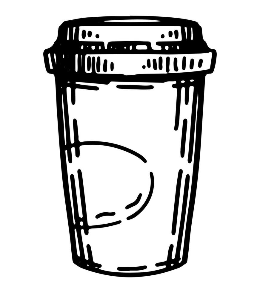 Doodle of disposable paper coffee cup. Sketch of cold season cozy beverage. Hand drawn vector illustration. Single clip art isolated on white.