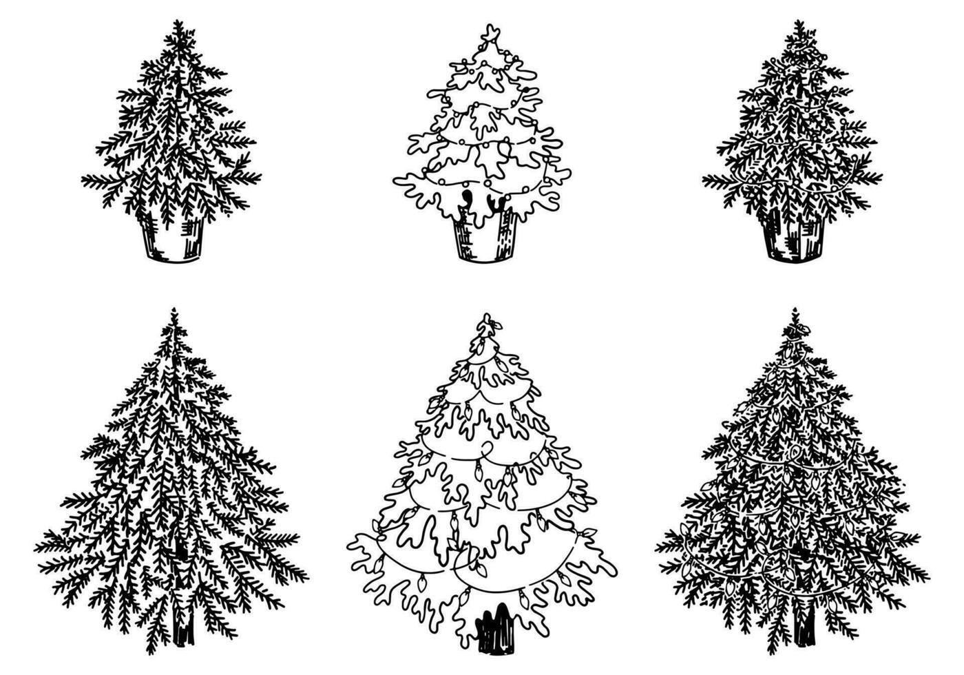 Set of various spruce, winter holiday doodles. Christmas tree with garlands. Hand drawn vector illustrations. Outline clip arts collection isolated on white.