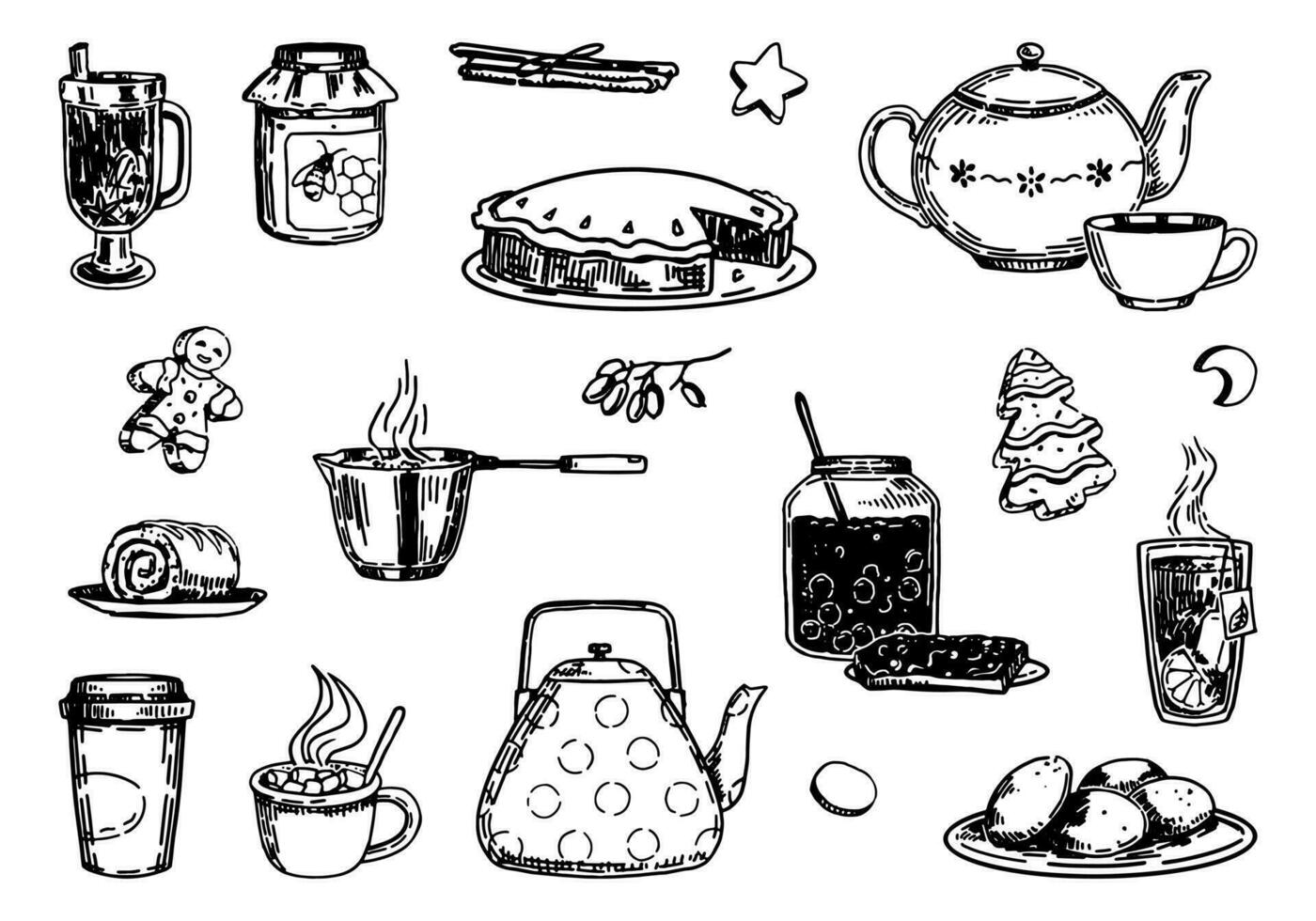 Set of cozy winter food, drink. Doodles of teapots, mugs, homemade bakery, honey, berry jam, cookies, mulled wine. Hand drawn vector illustrations. Outline clip arts collection isolated on white.