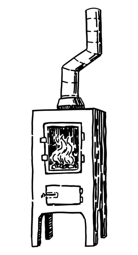 Cozy potbelly stove with burning fire. Doodle of winter time aesthetic. Hand drawn vector illustration. Single outline clip art isolated on white.