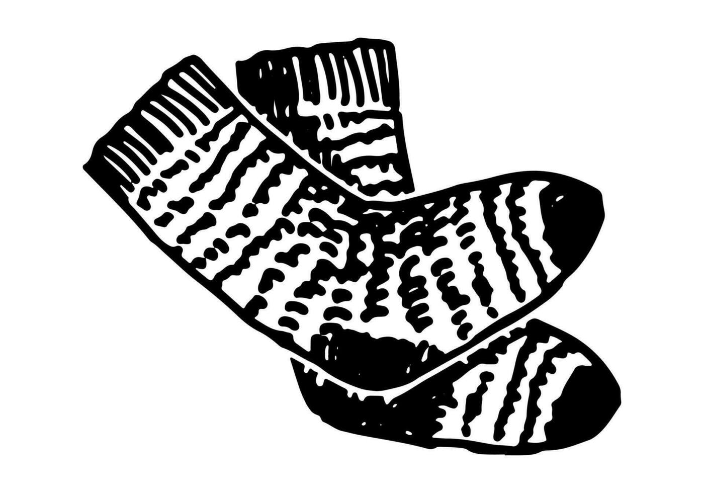 Doodle of warm knitted socks. Outline drawing of winter footwear. Hand drawn vector illustration. Single clipart isolated on white background.