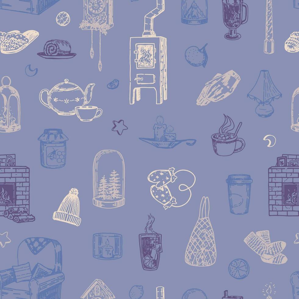 Cozy winter things, warm wear, home baking and hot drinks ornament in sketch style. Vector seamless pattern for design, background, wallpaper.