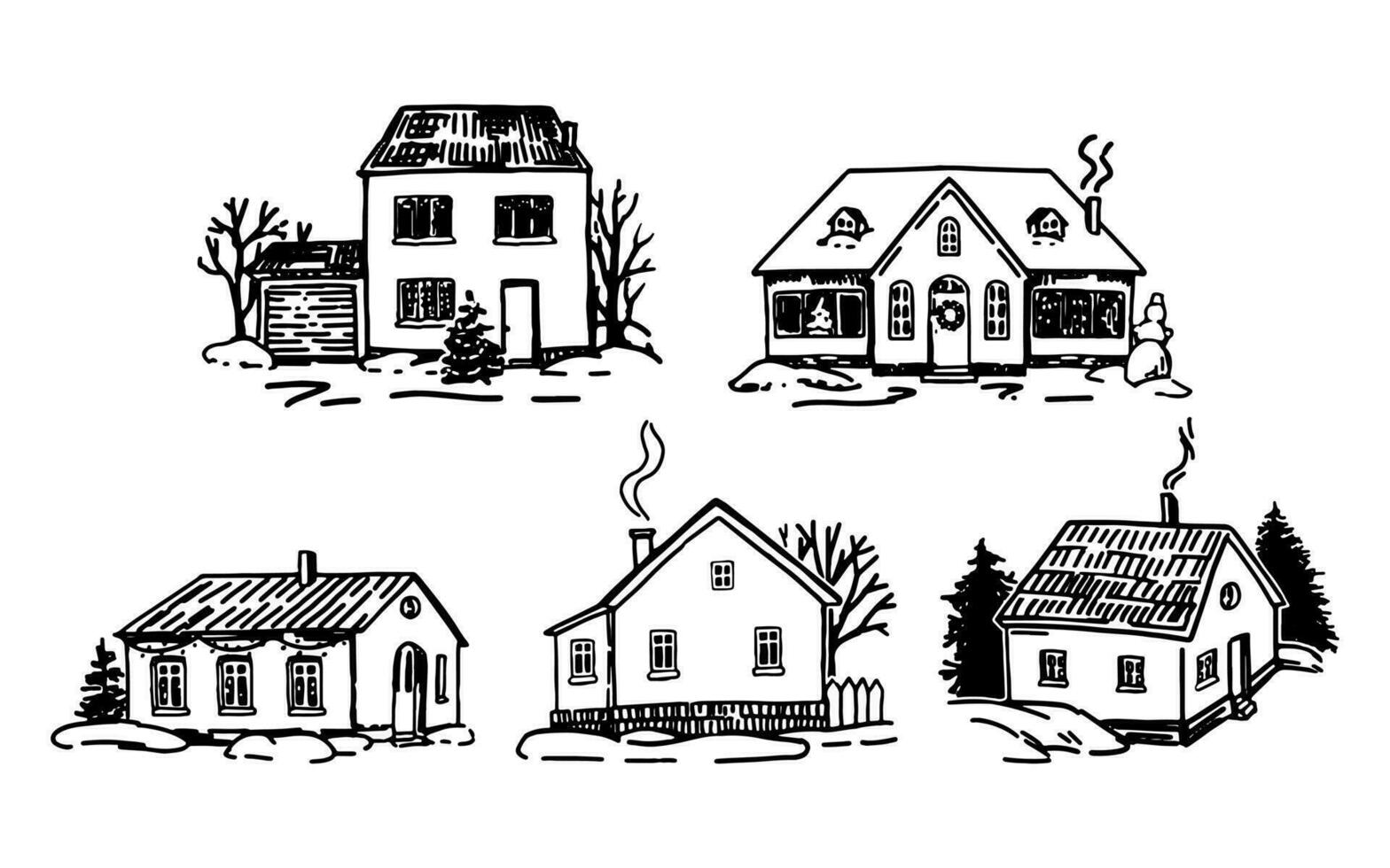 Set of cozy winter time houses. Doodles of snow-covered country houses. Hand drawn vector illustrations. Outline clip arts collection isolated on white.