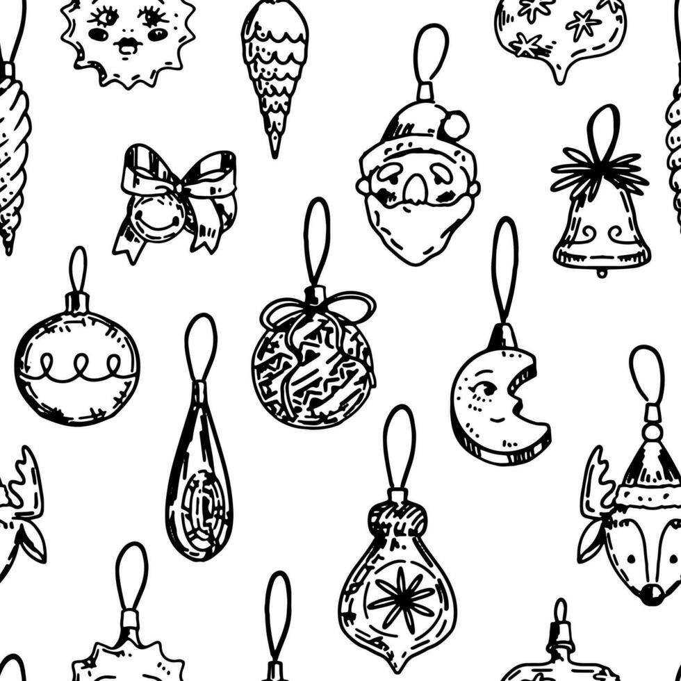 Christmas tree decorations ornament in sketch style. Xmas holiday decor. Vector seamless pattern for design, background, wallpaper.