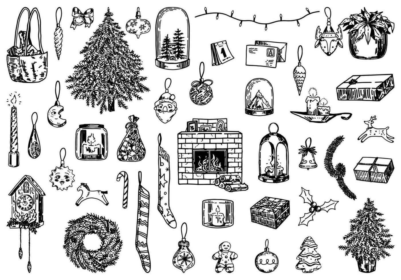 Set of Christmas holidays doodles. Xmas decorations, trees, wreath, garlands, candles, gifts. Hand drawn vector illustrations. Outline clip arts collection isolated on white.