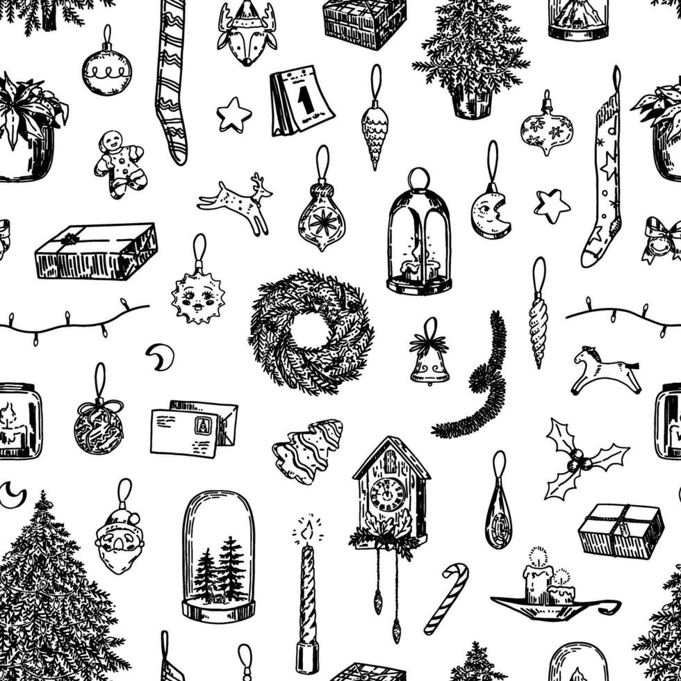 Navidad fiesta atributos ornamento en bosquejo estilo. Navidad decoraciones garabatos vector sin costura modelo para diseño, fondo, fondo de pantalla.