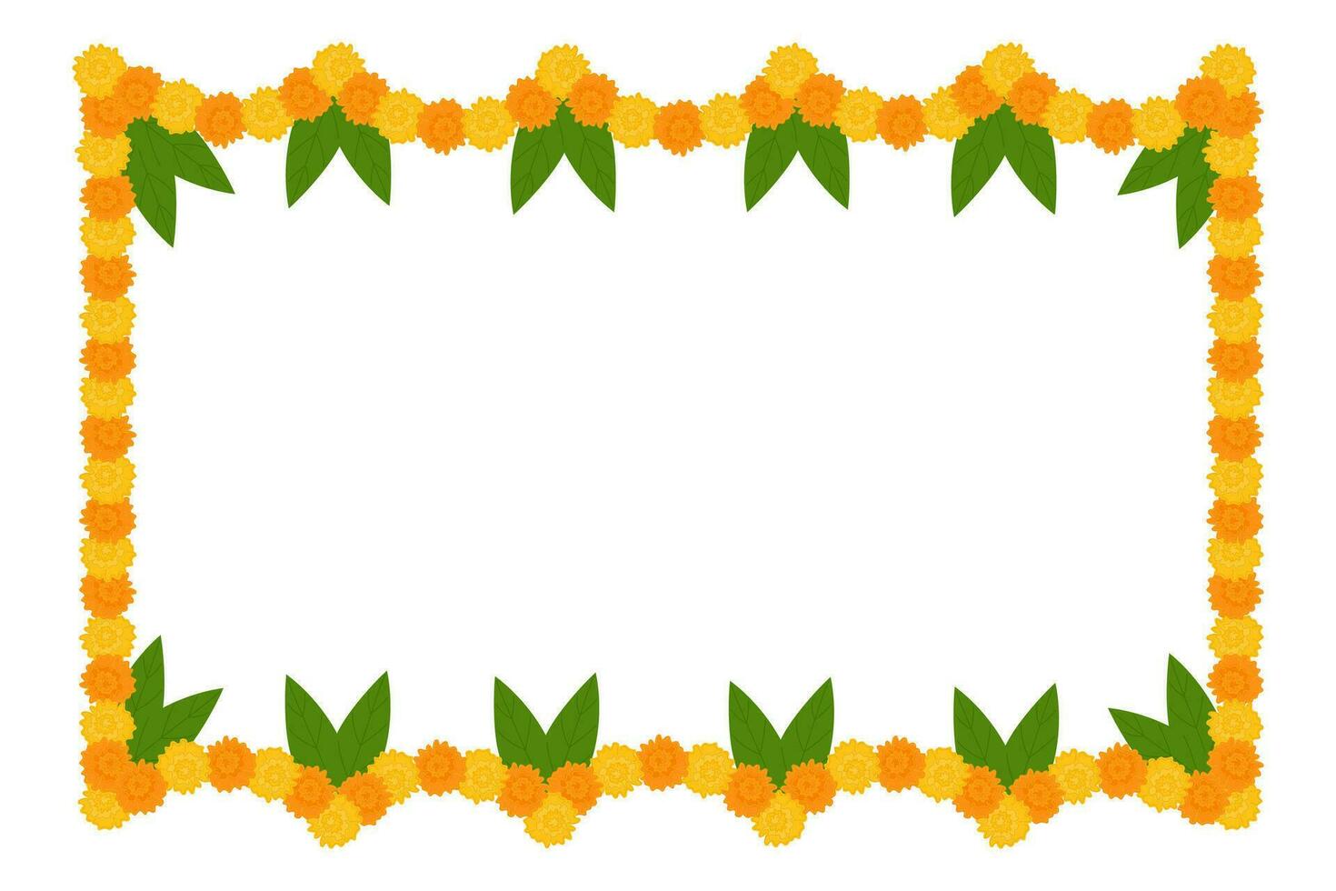 Traditional Indian flower garland with marigold flowers and mango leaves. Decoration for Indian Hindu holidays. Vector illustration isolated on white background.
