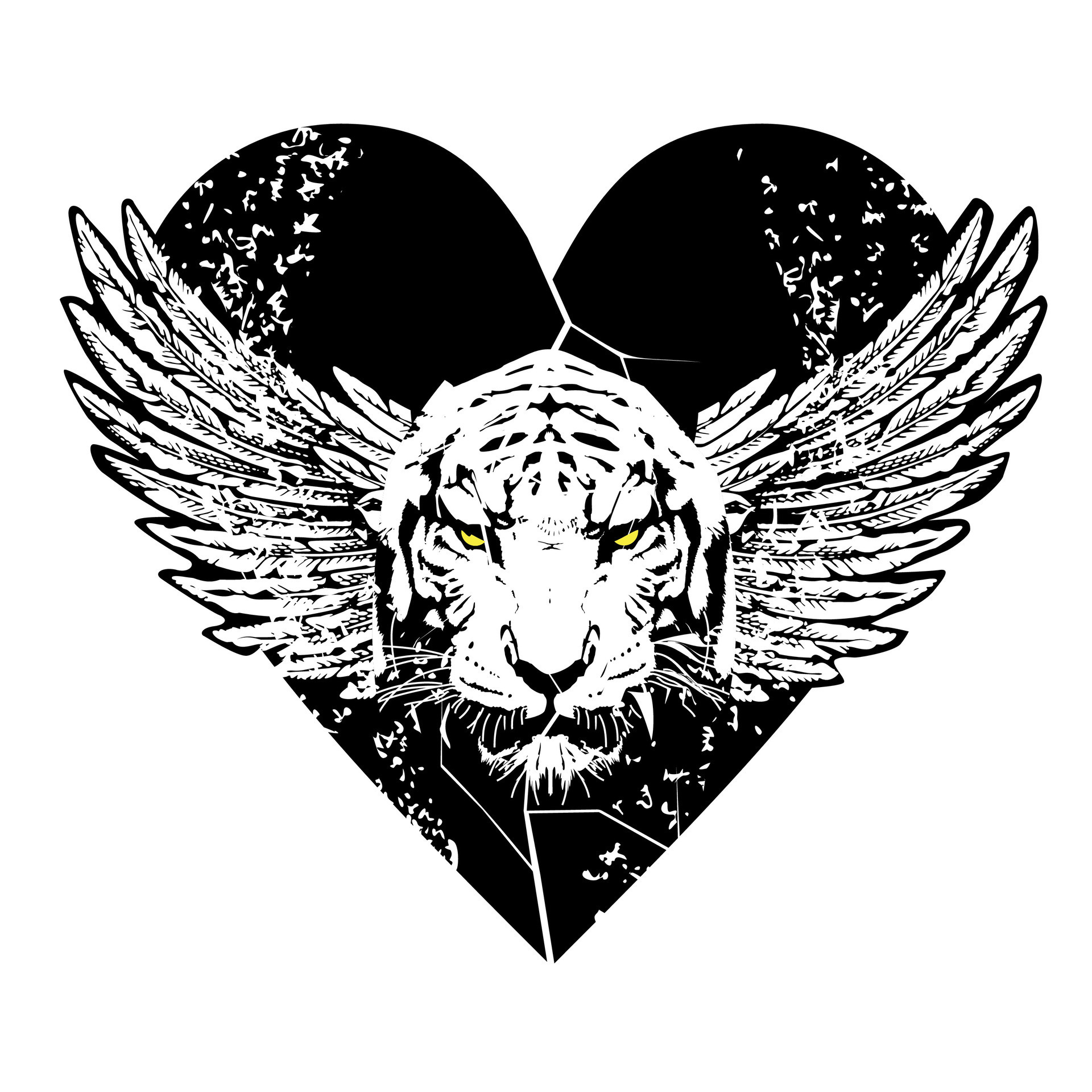 T-shirt design of a tiger head with wings over a black heart. Monochrome  vector illustration for tattoos. 28632443 Vector Art at Vecteezy