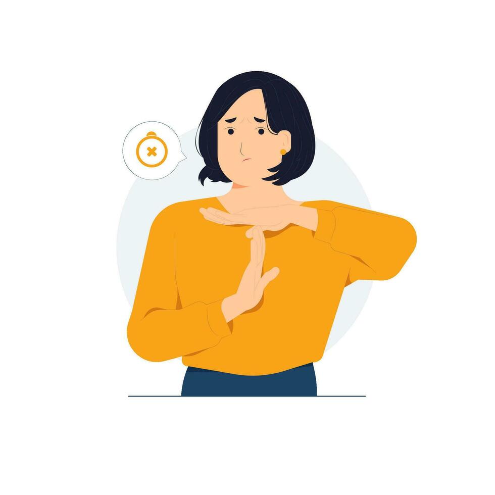 Stop, break, warning, wait. Tired upset young woman making time out gesture asking to end unpleasant conversation concept illustration vector