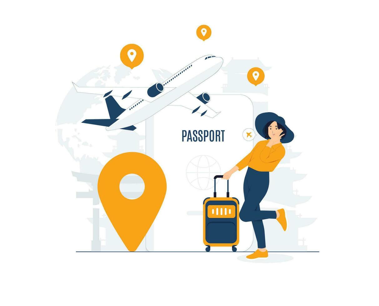 Businesswoman with suitcase bag traveling on vacation holiday. Business trip tourism travel summer, work on the go. Traveler in airport departure area waiting for fight journey concept illustration vector