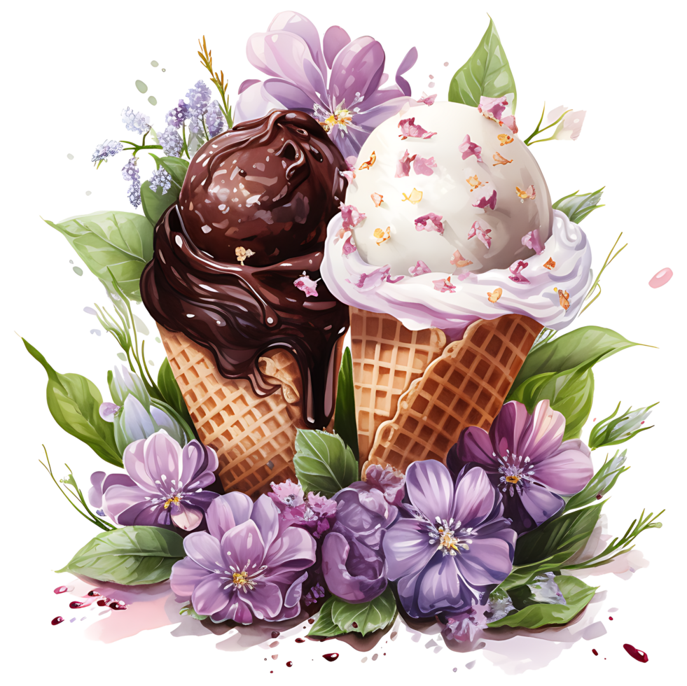 ice cream in waffle cone with flowers and leaves AI Generative png