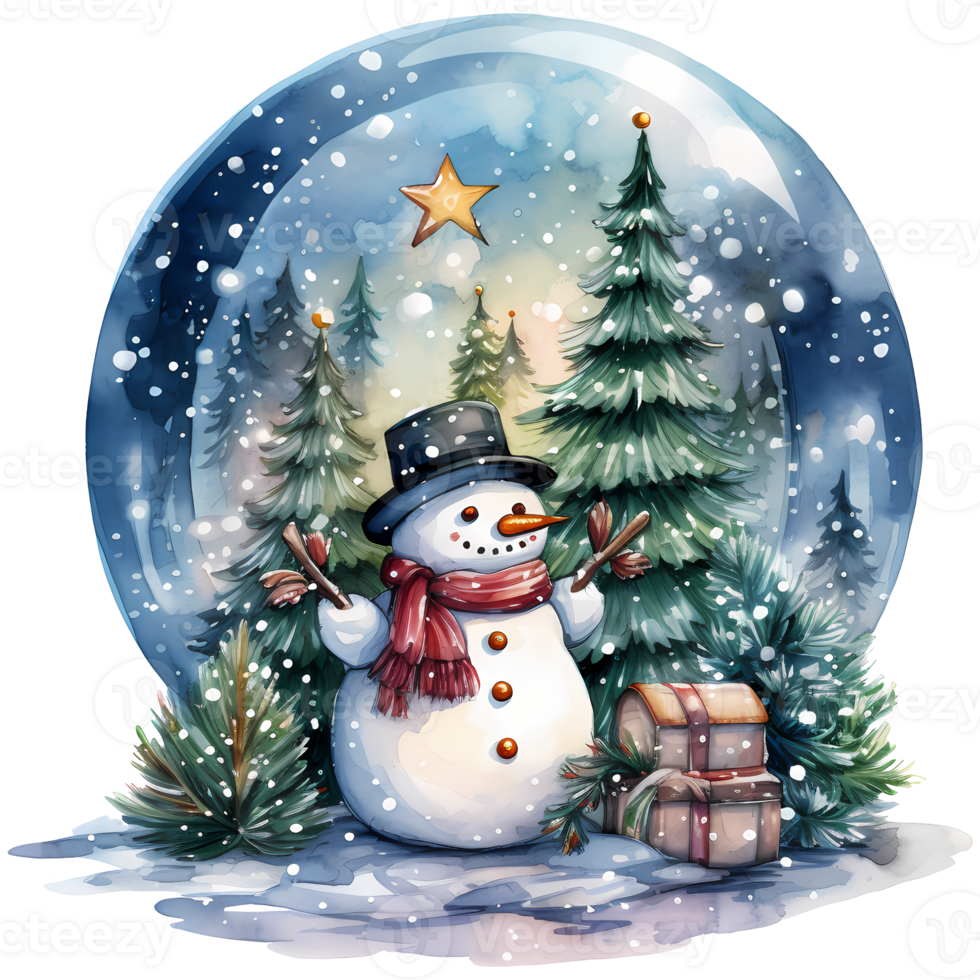 Watercolor illustration of a snow globe with a house and a snowman, AI Generative png
