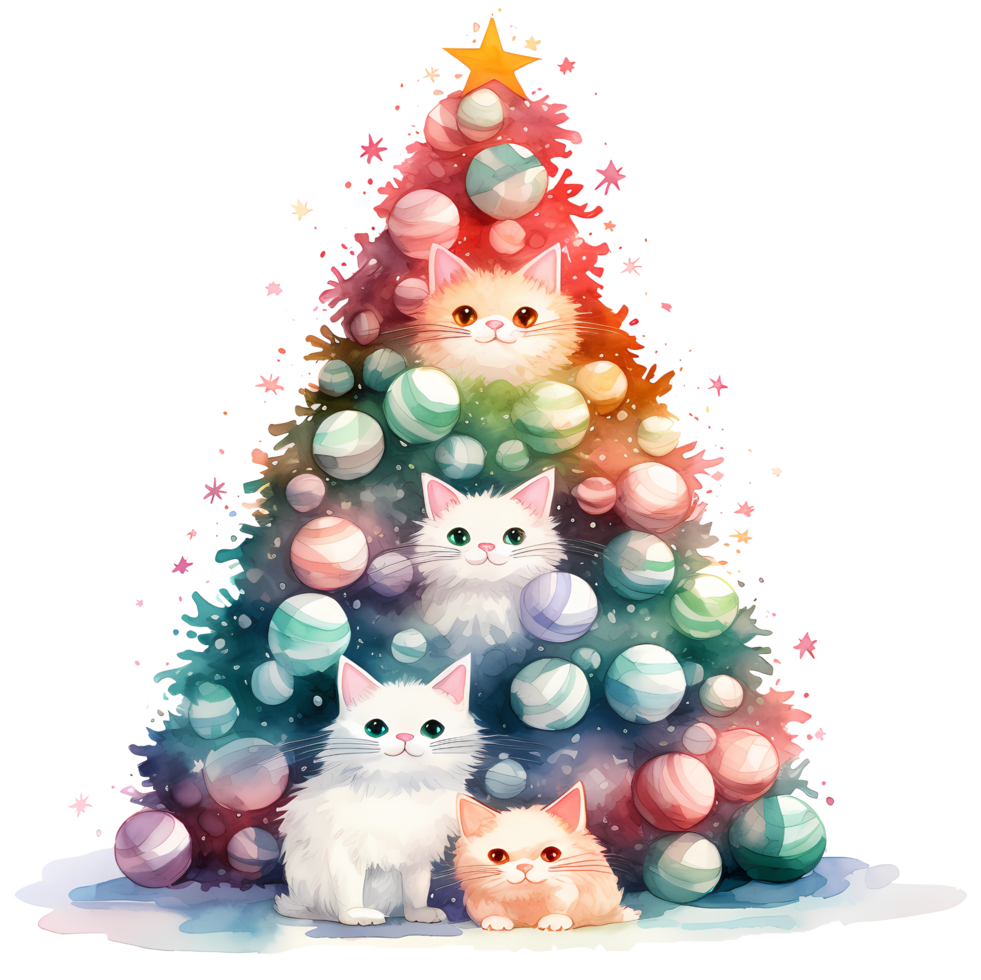 Cat and Christmas Tree Watercolor AI Generative png