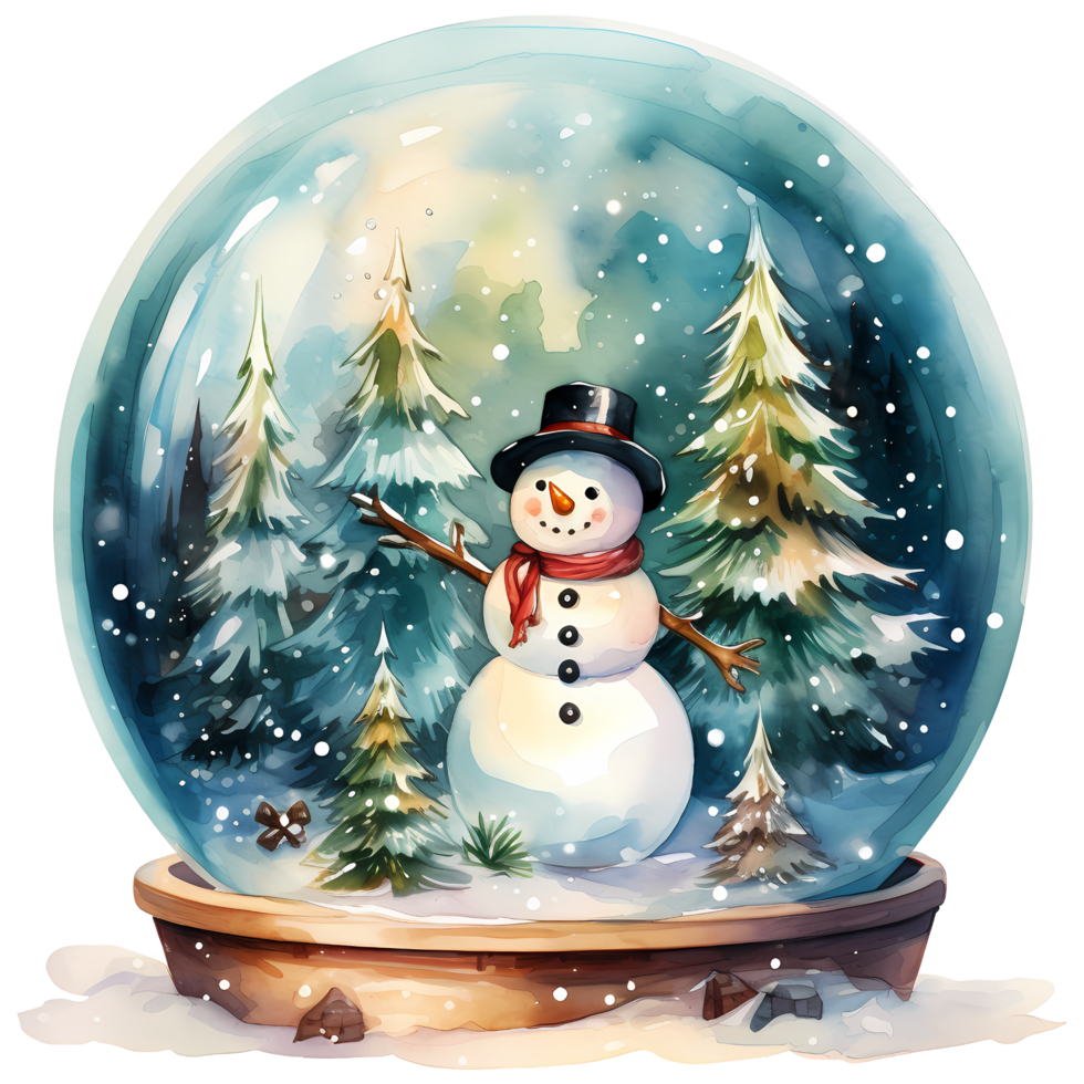 Watercolor illustration of a snow globe with a house and a snowman, AI Generative png