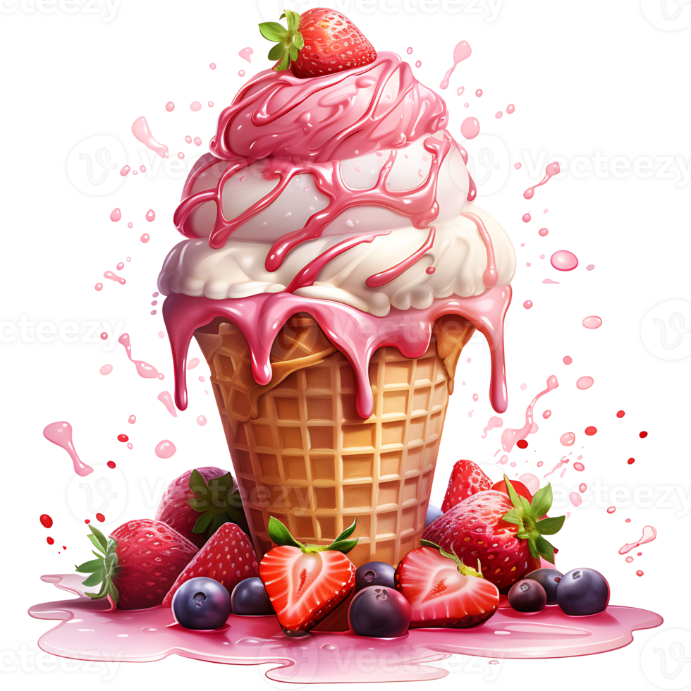 Ice cream with berries in a waffle cone AI Generative png
