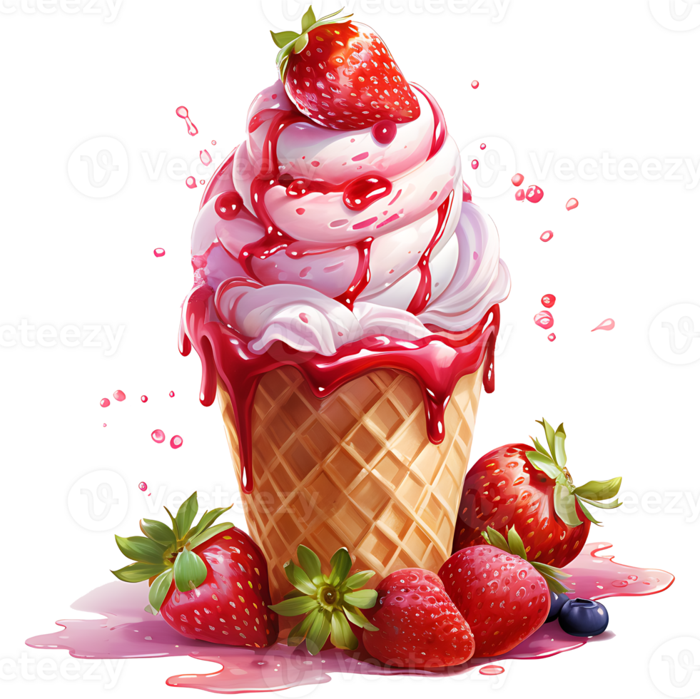 Ice cream with berries in a waffle cone AI Generative png